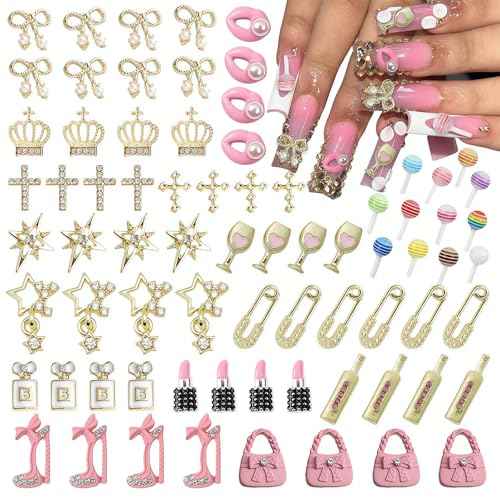 84 pcs 3D Gold Pink Nail Charms Y2K Set Cute Nail Charms with Stars, Crowns, Crosses,Bins,Lollipops, Lips, Bottles, Cups, Perfume, Lipsticks, Bags, and Heels for Nail Art
