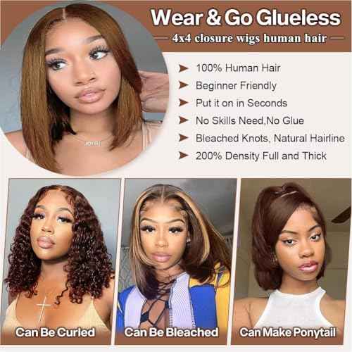 Chocolate Brown Bob Wig Human Hair Wear and Go Glueless Wigs Pre Plucked Pre Cut 4x4 Lace Closure Glueless Short Straight Bob Wigs for black women Human Hair 14 inch