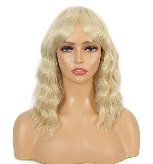 Sharebeauty Synthetic Bob Wig for Women Natural Wavy Curly Full Wig with Bangs Pale Gold