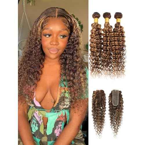 12A Honey Blonde Highlight 2x6 HD Lace Closure with Bundles Deep Wave Human Hair, P4/27 Ombre Brown Curly Brazilian Weave Thick Track 3 Bundles with Kim K 2by6 Closure Pre Plucked 10 12 14+10In