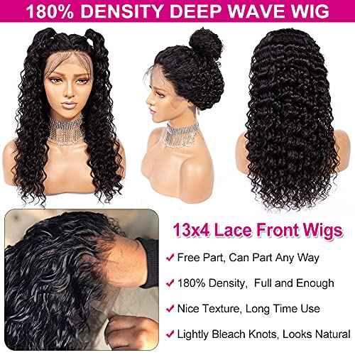 Pizazz Deep Wave Lace Front Wigs Human Hair Pre Plucked180 Density 13x4 HD Lace Frontal Human Hair Wigs with Baby Hair (16 Inch, Black color)