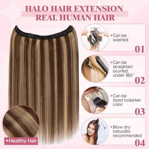 Halo Hair Extensions for Women Human Hair with Invisible Transparent Wire Adjustable Size 2 Secure Clips Long Straight Secret Hairpiece 20 Inch 4RP27R Medium Brown Mixed Dark Blonde