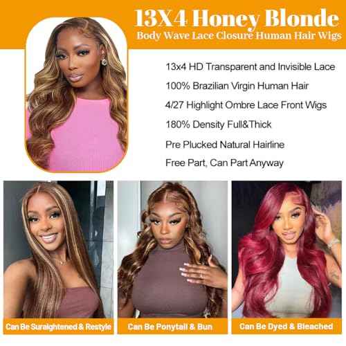Honey Blonde Lace Front Wig Human Hair 13x4 HD Body Wave Highlight Lace Frontal Wigs Human Hair Pre Plucked With Baby Hair 180% Density Body Wave 4/27 Glueless Human Hair Wigs For Women 26inch