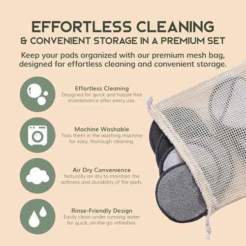 Greenzla Reusable Makeup Remover Pads Premium Set, 12 Pack Microfiber Cotton Pads, Charcoal Cotton Rounds, Bamboo Terry Face Wipes for All Skin Types with Mesh Laundry Bag and Bamboo Storage