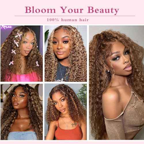 20 inch Honey Blonde Deep Wave Lace Front Wigs Human Hair, Curly Highlighted Wig Human Hair, Glueless Wigs Human Hair Pre Plucked Natural Hairline 180% Density, Ombre Wigs Human Hair
