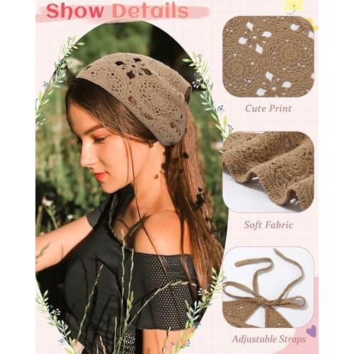 HAIMEIKANG Floral Crochet Hair Bandanas Headscarf 2 PCS Women Hair Scarf Daisy Headband Vintage Head Kerchief for Girls