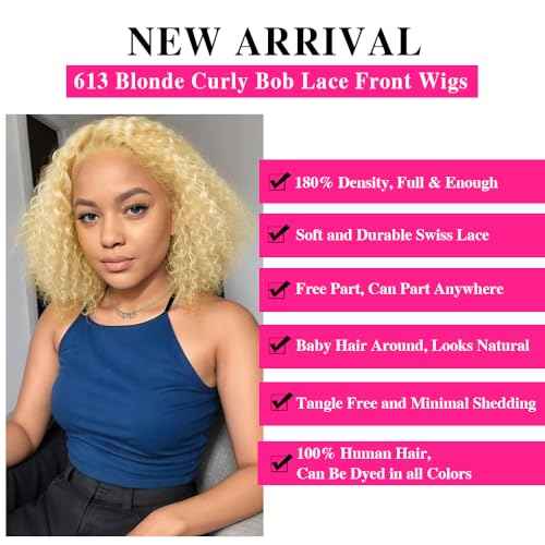 Blonde Bob Wig Human Hair 613 13x6 Lace Front Wig Human Hair Short Curly Bob Wigs for Black Woman Glueless Wigs Human Hair 613 Frontal Wigs Pre Plucked With Baby Hair180% Density (16 Inch)