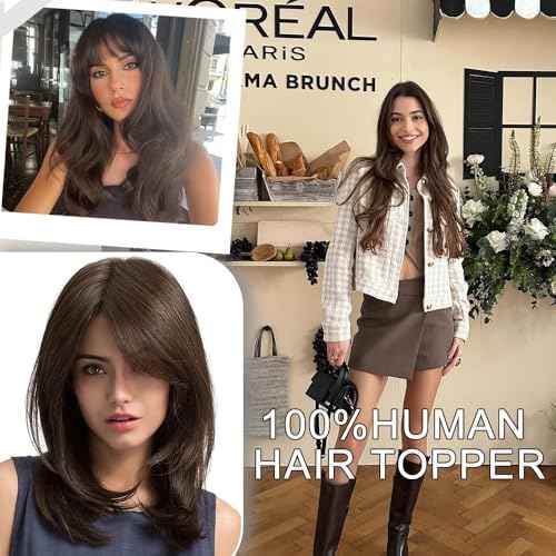 Hair Toppers for Women Real Human Hair,360¡Æ3D Big Basement Cover Topper for Women with Thinning Crown with Wispy Clip in Bangs Realistic Scalp (Dark brown, 3D Wispy Bangs 16INCH)