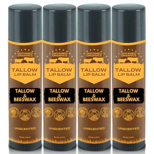 Pure Tallow Lip Balm | 100% Grass-Fed Beef Tallow and Organic Beeswax | Moisturizing Lip Care for Dry, Chapped Lips | Hypoallergenic, Fragrance-Free | Handcrafted in USA | 4-Pack