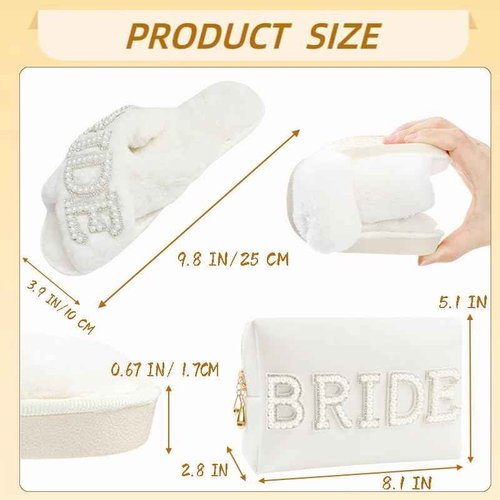 Kovewon Bridal Shower Gifts, Bride to Be Letter Makeup Bag with Pearl Rhinestone Fuzzy Bride Slippers Wedding Engagement Gifts for Her, Bachelorette gifts