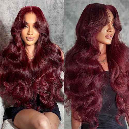 99j Burgundy Lace Front Wigs Human Hair Pre Plucked 13x6 Lace Frontal Human Hair Wigs for Black Women Body Wave Glueless Human Hair Wig 180% Density Pre Plucked Bleached Knots with Baby Hair £¨26 Inch£©
