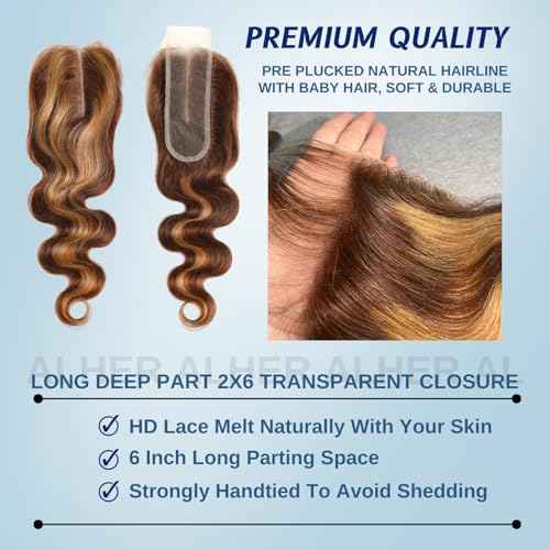 ALHER Long Deep Part 2x6 Closure Body Wave Honey Blonde Highlight, Ombre Brown and Blond 2x6 Kim K Transparent HD Lace Closure Pre Plucked With Baby Hair, #P4/27 Color Real Human Hair 12 Inch