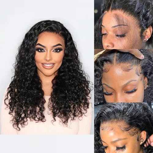 Caijuxing Water Wave Lace Front Wigs Human Hair 13x6 HD Lace Front Wigs Human Hair 200% Density (Natural Black- Water Wave Wig, 18 Inch)