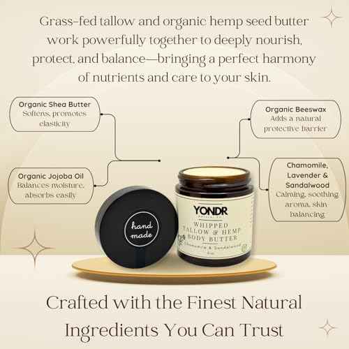 Tallow & Hemp Body Butter ? Whipped Grass?Fed Tallow + Hemp Seed Butter ? Calming Chamomile/Sandalwood/Lavender ? Deep Hydration for Dry & Sensitive Skin (4 oz)