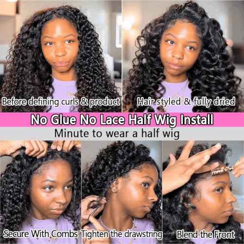 Half Wig Human Hair Water Wave Half Wig 3 in 1 Glueless Wigs 200 Density Wear and Go Wigs Seamless Flip Over with Drawstring Beginner Friendly Curly Wig Headband Wig for Women 20 Inch