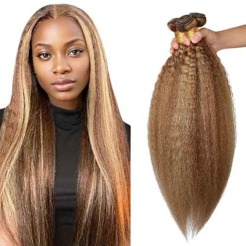 28 28 28 Inch Honey Blonde Kinky Straight 3 Bundles Human Hair Two Tone Brown Mixed With Honey Blonde Human Hair 8A Grade Brazilian Virgin Remy Hair Weave 300g