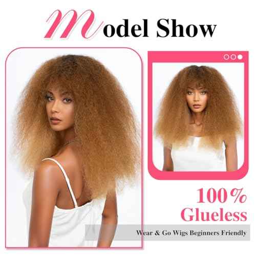 Rebecca Fashion Afro Kinky Curly Wig with Bangs Human Hair Minimalist 2.5x1 Lace Scalp Wig for Women Glueless Wear and Go Wigs Ombre Dark Brown to Honey Blonde Color