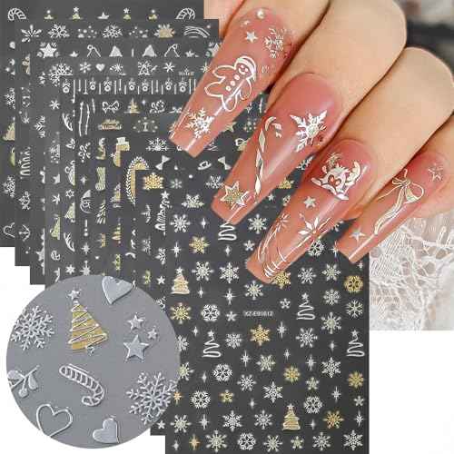 12 Sheet Christmas Nail Art Stickers Silvery Nail Stickers Snowflake Xmas Tree Nail Decals Star Elk with Golden 5D Embossed Nail Art Supplies for Winter Holiday Manicure Decorations
