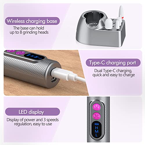 Cordless Electric Nail Drill Kit: Professional Nail Dremel Electric Nail File E-File Nail Drill for Acrylic, Gel Nails, Manicure Pedicure Black