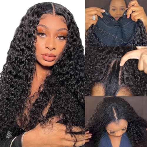 V Part Wig Human Hair Deep Wave No Leave Out Upgrade U Part Wigs for Black Women 180% Density Glueless Curly V Part Human Hair Wigs No Glue No Sew Clip In Half Wig Beginner Friendly (22 Inch)