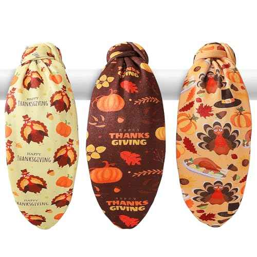 3Pcs Thanksgiving Day Headbands for Women - Turkey & Letter Knotted Hair Hoops, Fall Pumpkin Autumn Maple Leaves Accessory for Holiday