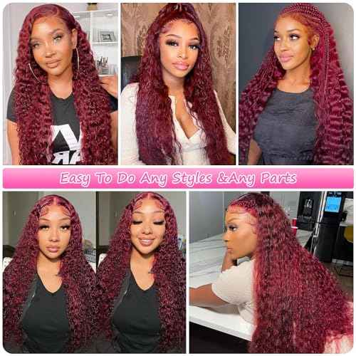 DJFG Deep Wave Lace Front Wigs Human Hair Curly Wig Human Hair HD Frontal 200 Density 13x6 Lace 99j Burgundy Red 20 Inch