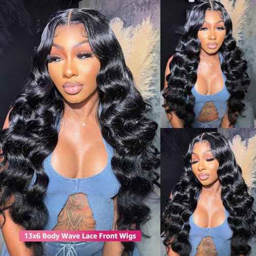 16 Inch Body Wave Lace Front Wigs Human Hair Pre Plucked 13x6 HD Transparent Lace Frontal Glueless Wigs 200 Density Body Wave Lace Frontal Human Hair Wigs for Women Natural Black Color