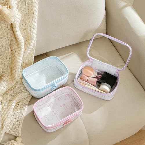 Cute Clear Makeup Bag with Bow Pattern,Transparent Nylon Travel Cosmetic Case with Zipper,Portable Makeup Organizer Pouch for Essentials(01Pink)