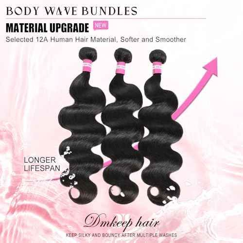 DMKEEP 12A Human Hair Bundles 20 22 24 Inch Body Wave Bundles Human Hair 100% Unprocessed Brazilian Raw Virgin Hair 3 Pcs Quick Weave Human Hair Extensions Natural Color