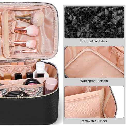 senbowe Travel Makeup Bag, Large Capacity Cosmetic Bags for Women,Portable Waterproof Leather Toiletry Bag Make Up Organizer Bag with Divider and Handle