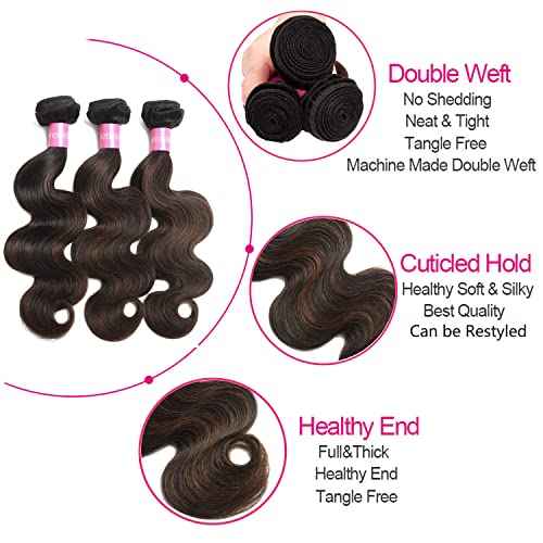 Body Wave Virgin Human Hair 3 Bundles Highlight Brown 14-18 inch 10A Brazilian Human Hair Extensions Ombre Color Body Wavy Human Hair Weave F1B/30 Color (FB30, 14 16 18)
