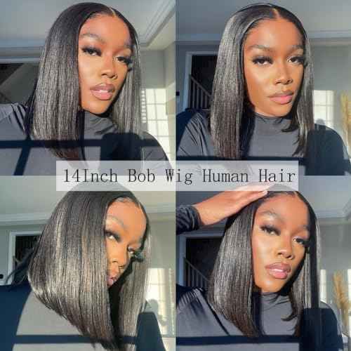 Bob Wig Human Hair 13x4 Lace Front Wigs Human Hair Pre Plucked 14 Inch Straight HD Lace Frontal Short Glueless Wigs for Women with Baby Hair 180% Density Natural Black Color