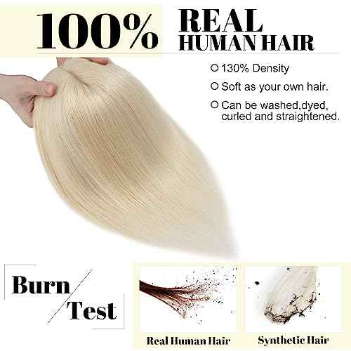 SEGO Hair Toppers for Women With Bangs Real Human Hair, 130% Density 10 * 12CM Silk Base Clip in Top Wiglet Hairpieces for Thinning Hair-12 Inch 60 Platinum Blonde