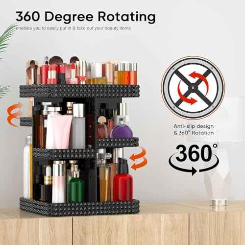 360 Rotating Makeup Organizer - Black Acrylic Makeup Storage for Vanity, Cosmetic Organizer with Lotion and Perfume Holder for Dresser
