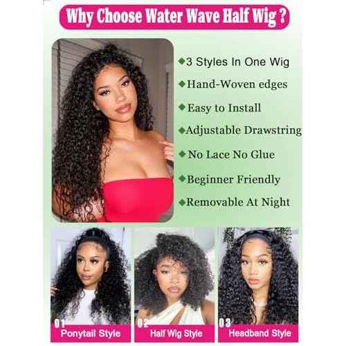 Half Wig Human Hair Water Wave 20 Inch Curly Half Wig 3 In 1 Adjustable Drawstring Seamless Flip Over Blend Edges Invisible Hairline Glueless Wigs Wear Go Beginner Friendly Curly Half Wigs for Women
