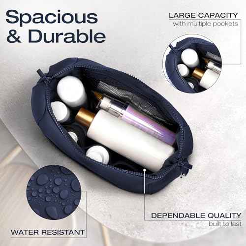 KAZAY Expandable Toiletry Bag with Side Clips for Adjustable Sizing, Premium High-Density Nylon, Open Wide Zipper, Stylish, Water Resistant, Cosmetic Bag, Makeup Bag, Full-Size Bottles, Unisex (Navy)