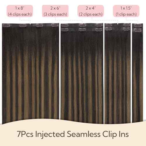 HOTBANANA Invisi Edge Clip in Hair Extensions, 18inch 110g 7Pcs Injected Seamless Clip in Extensions Real Human Hair Balayage Dark Brown Mixed Chestnut Brown PU Hair Extensions Straight Hair