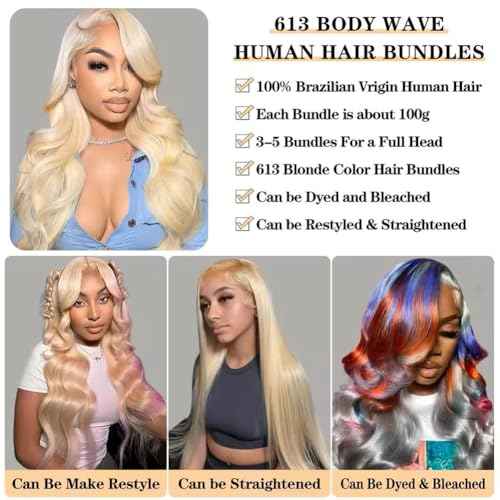 YISEA 613 Body Wave Brazilian Hair 12A Brazilian 613 Body Wave 4 Bundles (10 12 14 16) Unprocessed Human Raw Mink Hair Bundles Wet and Wavy Human Hair 613 Blonde