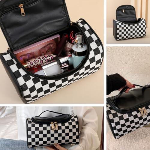 Waztyuk Checkered Makeup Bag Travel Purse Toiletry Bag Women Cute Cosmetic Case Portable Hanging Organizer for Essentials (Black)