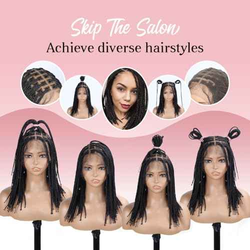 Box Braided Wig 14 "360¡Æ HD Full Single-layer Lace Braid Wigs for Black Women Square Knotless Box Braid Wig with Baby Hair Handmade Synthetic Hair Blended Lace Front Natural Black