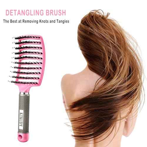 KTKUDY Detangling Brush Boar Bristles Hairbrush Make Hair Shiny & Healthier Curved and Vented Detangler Brush for Women Men Kids Wet & Dry Hair (Pink)