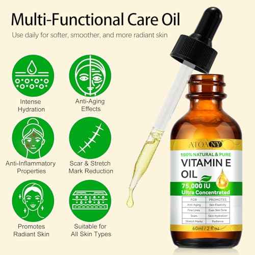 Vitamin E Oil for Skin 75,000 IU ? 2 Pack Vitamin E for Face, Hair, Scars, Nails, Ultra-Hydrating Body Oil for Dry Skin Wrinkles,Cold-Pressed, Non-GMO, Skincare Formula ?2 Fl Oz