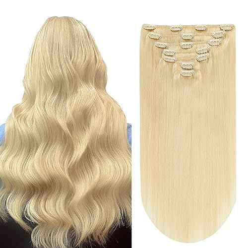 Human Hair Clip ins 16 Inches Human Hair Extensions Bleach Blonde Hair Extensions Human Hair 70g 7Pcs Remy Human Hair Extensions(16inch,7pcs, 70g)
