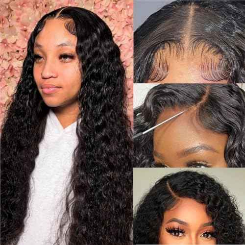 Deep Wave Lace Front Wigs Human Hair for Women 4X4 Hd Lace Closure Brazilian Virgin Wig Wet and Wavy Wear and Go Glueless Wigs Pre Plucked Bleached Knots Natural Black 28 Inch