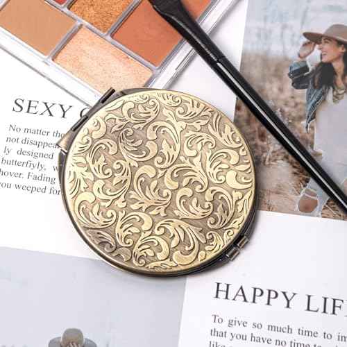 Retro metal compact travel mirror 1x/2x magnification compact portable foldable, used as a compact magnifying glass for wallets and pockets, distortion free folding portable compact mirror (bronze)