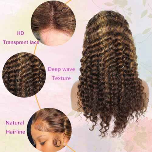 Honey Blonde 13x4 Deep Wave Lace Front Wigs Human Hair Pre Plucked with Baby Hair 4/27 Highlight Glueless HD Transparent Lace Frontal Wigs for Black Women 180 Density (24 Inch)