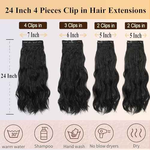 24 Inch Clip in Hair Extensions 4 Pcs - Curly Wave hair Extensions Clip Ins, Soft Natural Look Synthetic Fiber, Tangle Free, Lightweight, Long Use with Secure Invisible Clips, Daily Wear(1B)