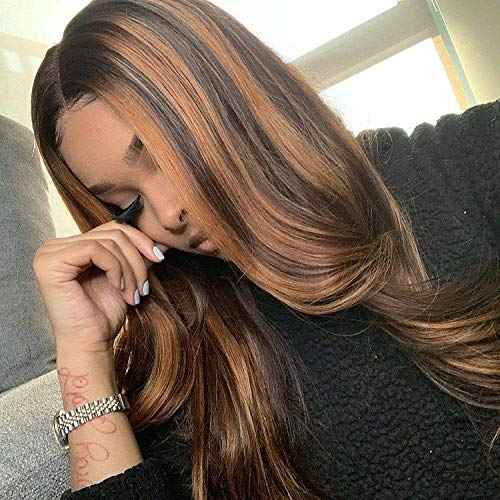 Ombre Blonde Human Hair Wig 13x4 HD Transparent Lace Front Black to Brown Blonde Human Hair Highlights 20" for Women Pre Plucked Ombre Honey Blonde Wig with Black Roots Pre Plucked Wigs 150% Density