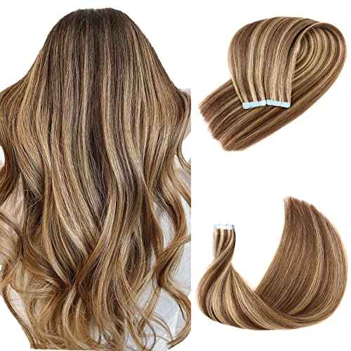 Tape in Hair Extensions Human Hair 4/27 Highlight Brown Straight Tape in Human Hair Extensions Adhesive Glue on Premium Quality Silky Invisible Seamless Skin Weft 16 inches 20pcs 50g/pack