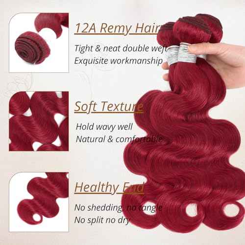 Red Burgundy Human Hair Bundles with Closure Body Wave, 3 Bundles with 4x4 Closure HD Transparent Lace with Baby Hair Free Part Cherry Red 99J Color Quick Weave Hair Extensions 12 14 16 +12 In
